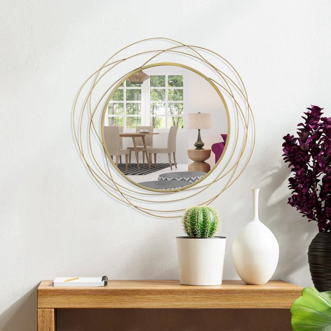 ROUND DECORATIVE MIRROR GOLD METAL FRAME WITH ORBITAL DESIGN MODERN CONTEMPORARY STYLE CIRCLE MIRRORS FOR BATHROOM VANITY LIVING ROOM OR BEDROOM 268 X268 GOLD