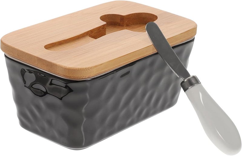 SMASOLO Wear-resistant Ceramic Butter Dish with Lid Black Reusable Household Butter Keeper for Countertop Fresh Keeping with Hammered Texture - Image 1