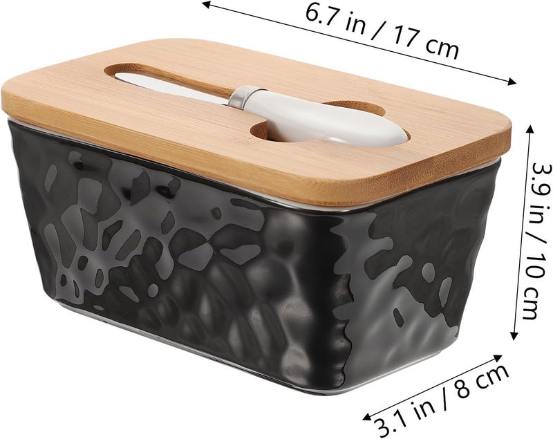 SMASOLO Wear-resistant Ceramic Butter Dish with Lid Black Reusable Household Butter Keeper for Countertop Fresh Keeping with Hammered Texture - Image 2