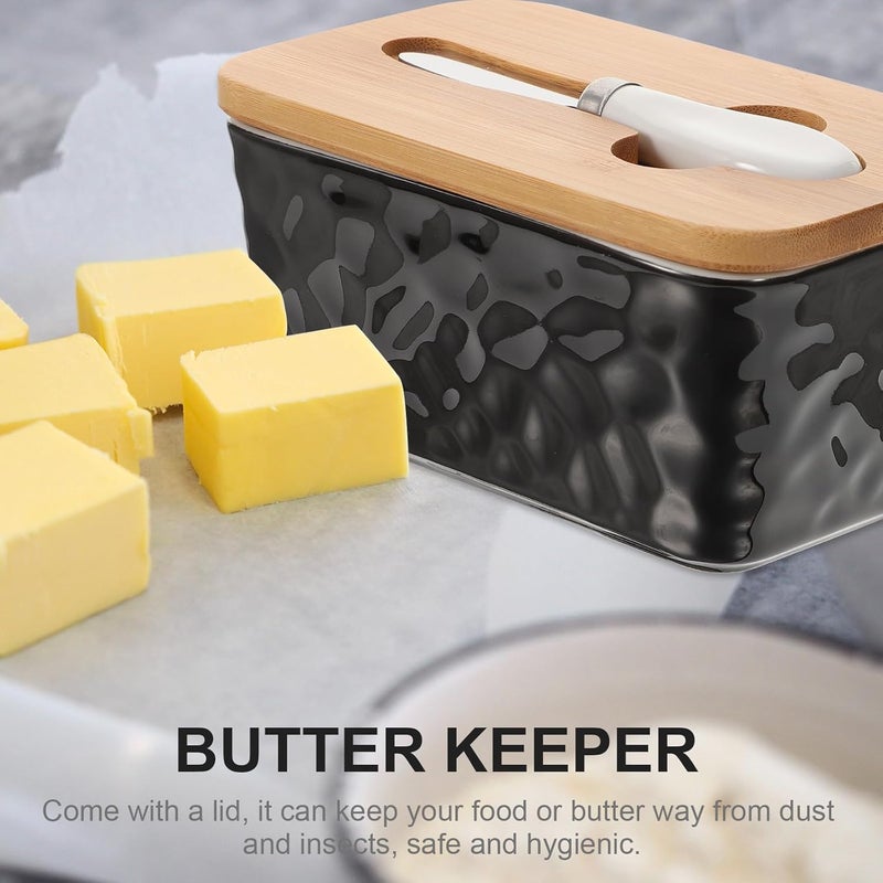 SMASOLO Wear-resistant Ceramic Butter Dish with Lid Black Reusable Household Butter Keeper for Countertop Fresh Keeping with Hammered Texture - Image 5