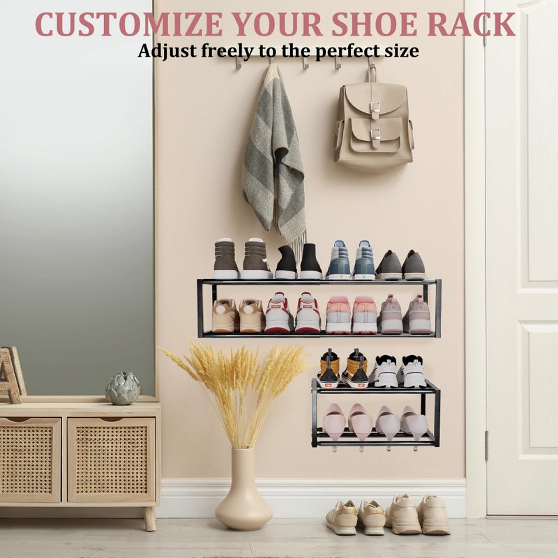 Jchccu 4 Pack Expandable Wall Mounted Shoe Rack, 17"-31" Adjustable Hanging Shoe Rack Holds 32 Pairs, Heavy Duty Metal Shoe Holder with 8 Storage Hooks, Space Saving for Entryway Closet Doorwayï¼ˆBlack - Image 3