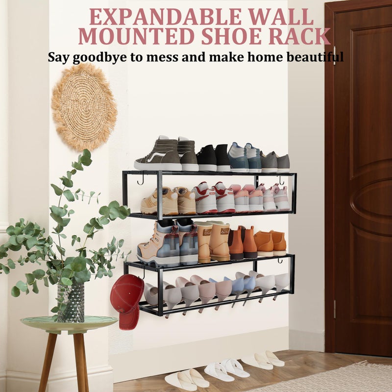 Jchccu 4 Pack Expandable Wall Mounted Shoe Rack, 17"-31" Adjustable Hanging Shoe Rack Holds 32 Pairs, Heavy Duty Metal Shoe Holder with 8 Storage Hooks, Space Saving for Entryway Closet Doorwayï¼ˆBlack - Image 2
