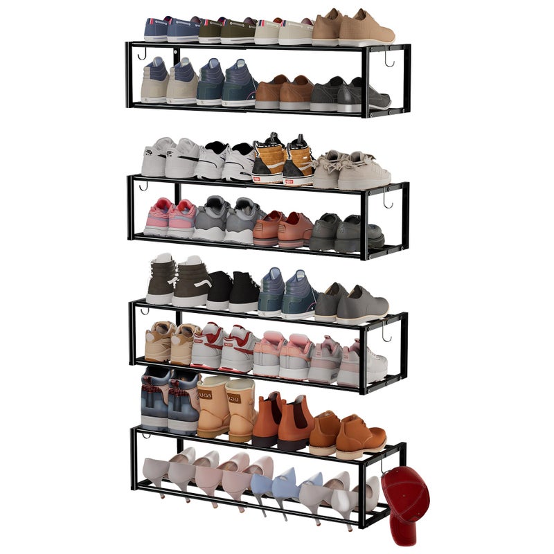 Jchccu 4 Pack Expandable Wall Mounted Shoe Rack, 17"-31" Adjustable Hanging Shoe Rack Holds 32 Pairs, Heavy Duty Metal Shoe Holder with 8 Storage Hooks, Space Saving for Entryway Closet Doorwayï¼ˆBlack - Image 1