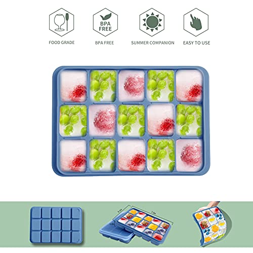 Tvmania Ice Cube Trays Set of 2, Easy Release 15 Flexible Silicone Ice Cube Molds with Removable Lid Reusable Freezer Ice Trays Stackable for Whiskey, Baby Food, BPA Free (BLUE) - Image 3