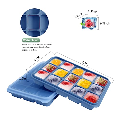 Tvmania Ice Cube Trays Set of 2, Easy Release 15 Flexible Silicone Ice Cube Molds with Removable Lid Reusable Freezer Ice Trays Stackable for Whiskey, Baby Food, BPA Free (BLUE) - Image 2