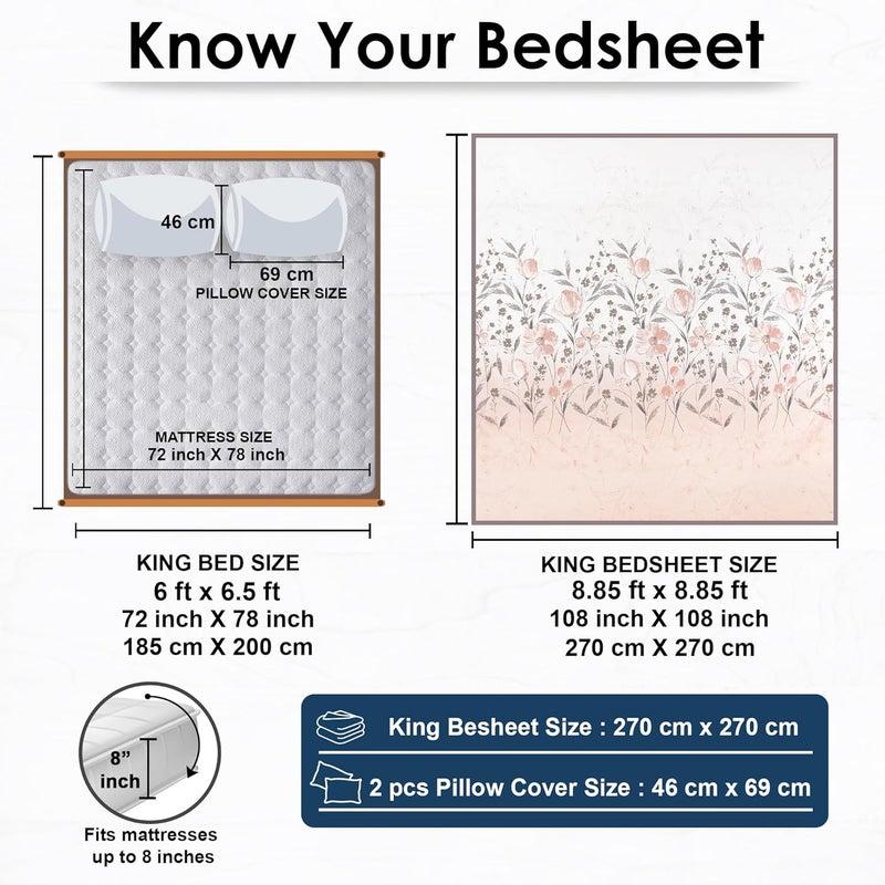 Story@Home Story@Home Bedsheet for King Size Bed | Cotton Bedsheet | Floral King Size Bed Sheet Cotton with 2 King Size Pillow Covers (270 x 270 cm, Peach) King bedsheet | Perfect for Home Decor | 240TC  - Image 3