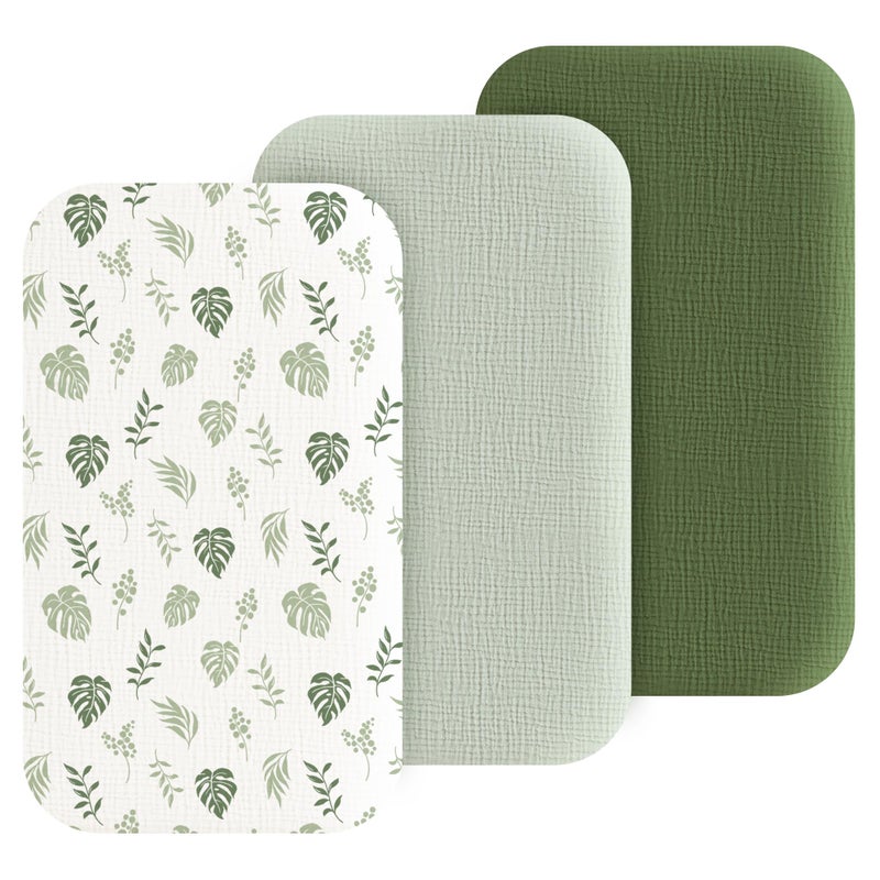 Coreeky Muslin Bedside Sleeper Bassinet Fitted Sheets, 3 Pack Cotton Baby Sheet for Boys & Girls, Soft, Compatible with Baby Delight, Dream On Me, AMKE and Other Rectangle Mattress (Leaf Green) - Image 1
