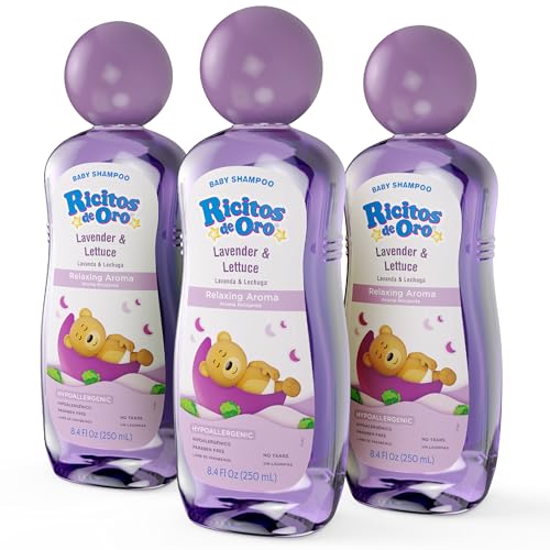 RICITOS DE ORO Lavender Baby Shampoo - Nourishes & Softens Hair, Calming Aroma, Includes Rattle Cup, Hypoallergenic & Tear Free, Promotes Better Sleep, Natural Lavender, Size 8.45 oz, 3-Pack - Image 1