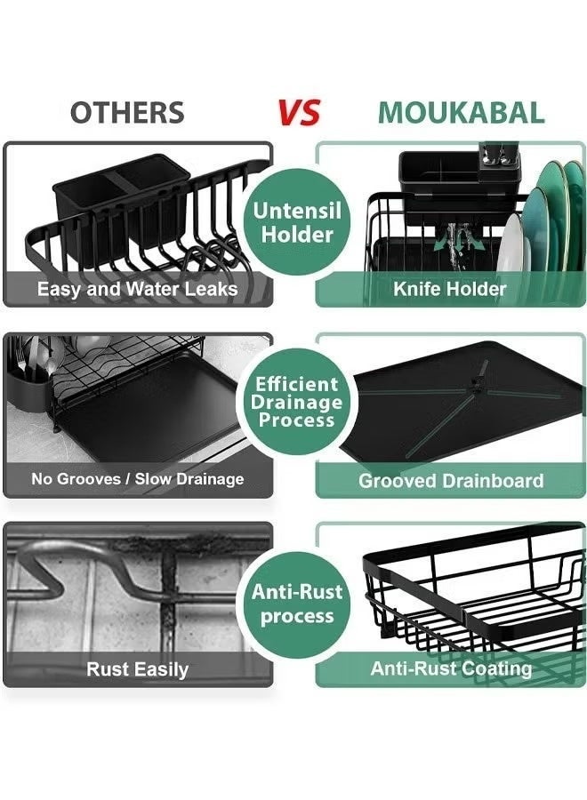 Metal dish rack, suitable for kitchen countertops, large capacity, includes a cutlery rack, kitchen storage rack, can hold bowls, plates, spoons, and forks. (Black) - Image 5
