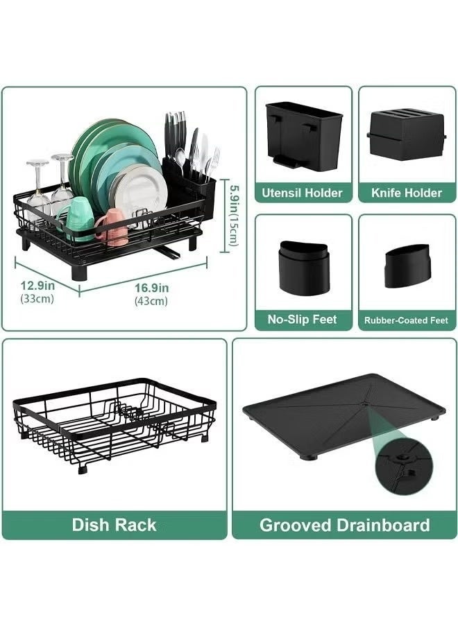 Metal dish rack, suitable for kitchen countertops, large capacity, includes a cutlery rack, kitchen storage rack, can hold bowls, plates, spoons, and forks. (Black) - Image 2