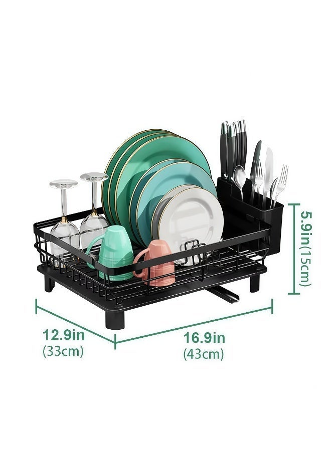 Metal dish rack, suitable for kitchen countertops, large capacity, includes a cutlery rack, kitchen storage rack, can hold bowls, plates, spoons, and forks. (Black) - Image 1