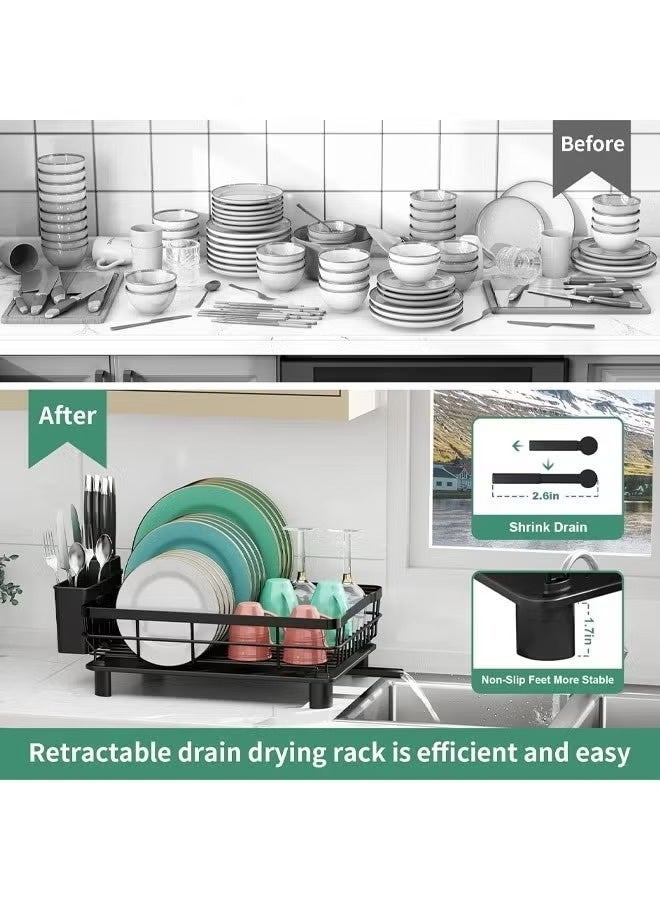 Metal dish rack, suitable for kitchen countertops, large capacity, includes a cutlery rack, kitchen storage rack, can hold bowls, plates, spoons, and forks. (Black) - Image 3