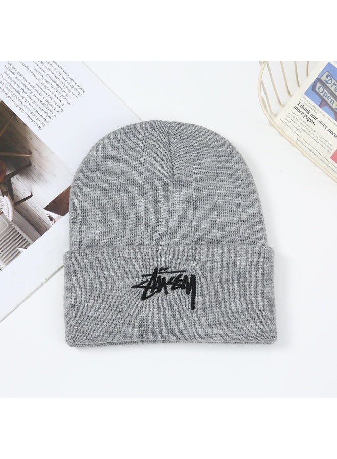 Stüssy Heather Gray Signature Logo Knit Beanie - Streetwear Autumn Winter Warm Skull Cap