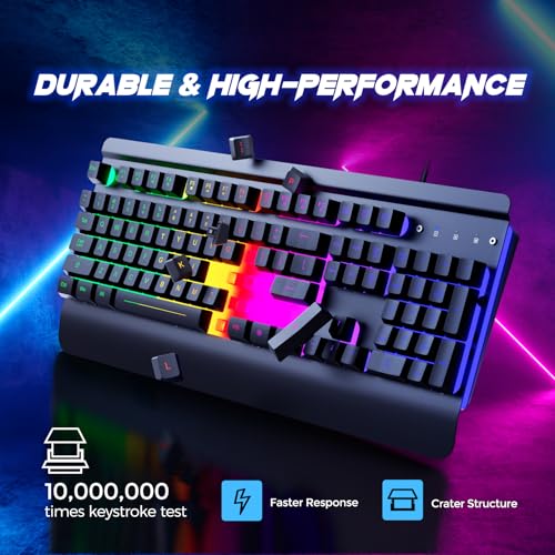 RisoPhy Gaming Keyboard, 104 Keys All-Metal Panel, Rainbow LED Backlit Silent Computer Keyboard, Wrist Rest, Multimedia Keys, Anti-Ghosting, Waterproof Light Up Wired Keyboard for PC Mac Gamer - Image 4