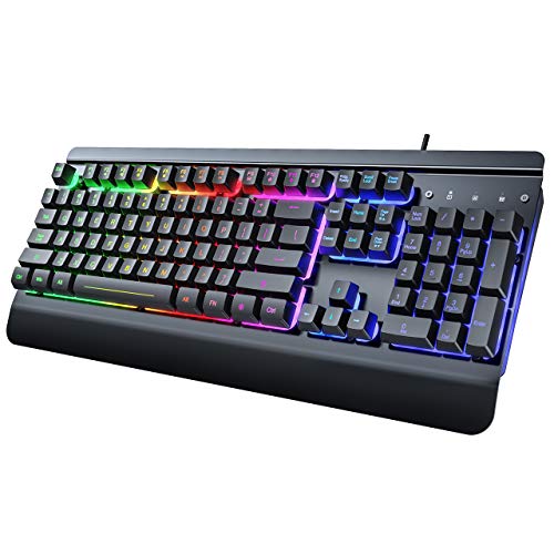 RisoPhy Gaming Keyboard, 104 Keys All-Metal Panel, Rainbow LED Backlit Silent Computer Keyboard, Wrist Rest, Multimedia Keys, Anti-Ghosting, Waterproof Light Up Wired Keyboard for PC Mac Gamer - Image 1