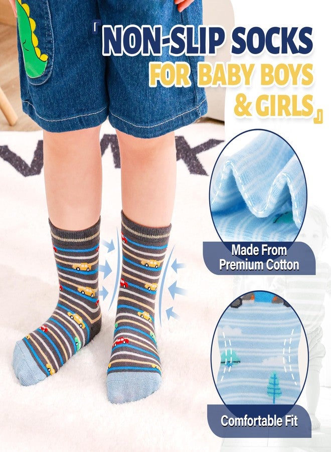 ANTSANG Toddlers Boys Girls Grip Socks Baby Kids Non Slip Anti Skid Fun Sweet Car Dinosaur Crew Cotton Gift Socks 12 Pairs(Blue Car Series B,3-5T) - Image 2