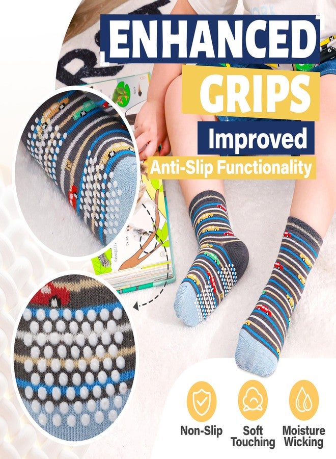 ANTSANG Toddlers Boys Girls Grip Socks Baby Kids Non Slip Anti Skid Fun Sweet Car Dinosaur Crew Cotton Gift Socks 12 Pairs(Blue Car Series B,3-5T) - Image 4