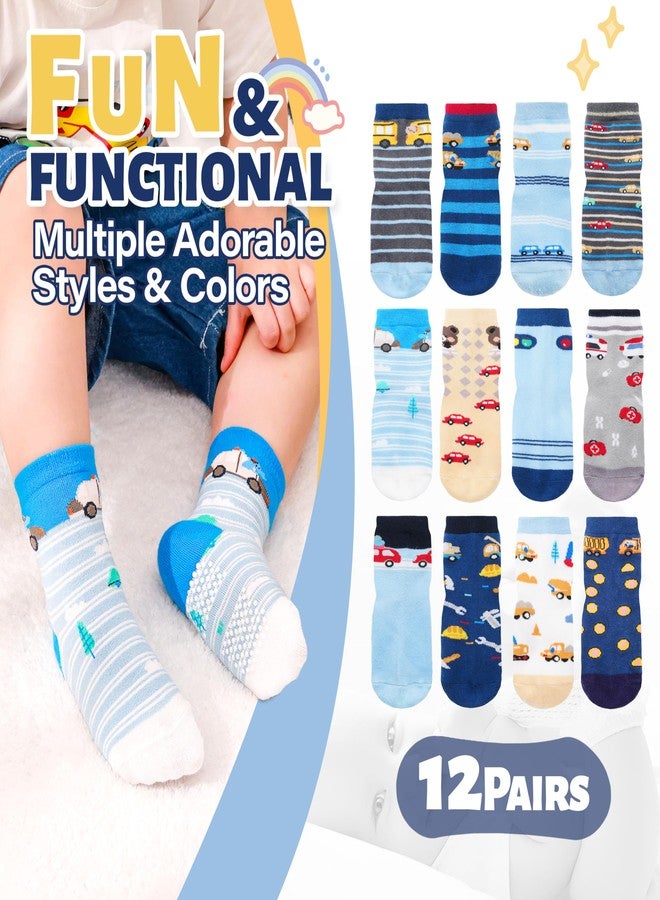 ANTSANG Toddlers Boys Girls Grip Socks Baby Kids Non Slip Anti Skid Fun Sweet Car Dinosaur Crew Cotton Gift Socks 12 Pairs(Blue Car Series B,3-5T) - Image 3