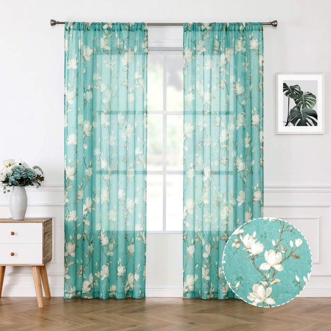 Floral Short Turquoise Sheer Curtain Flower Print Vine Embroidery Bedroom Curtains Rod Pocket Voile Window Curtain for Living Room 54 x 54 inches Long Set of 2 Panels