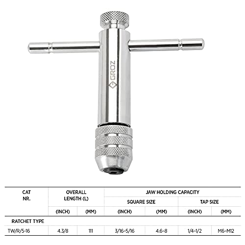 Groz Tap Wrench with T Type Ratchet Handle | Ideal for Holding taps, Screw extractors & Other Small Hand Turned Tools| Hardened Steel Jaws| Tap Size: M6-M12| TW/R/5-16 - Image 3