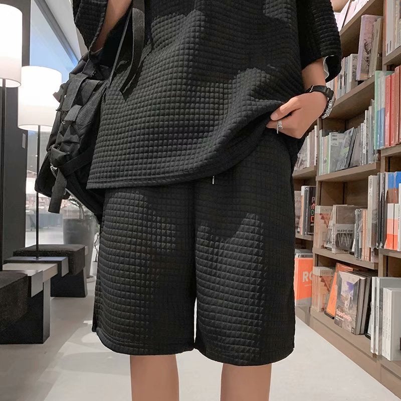 Mens Waffle Grid Sportswear Set Cool Tee Outfit Black Shorts  - Image 1