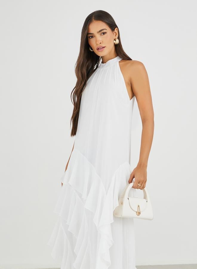 Styli Solid Halter Neck Ruffled Tiered Maxi Dress - Image 3