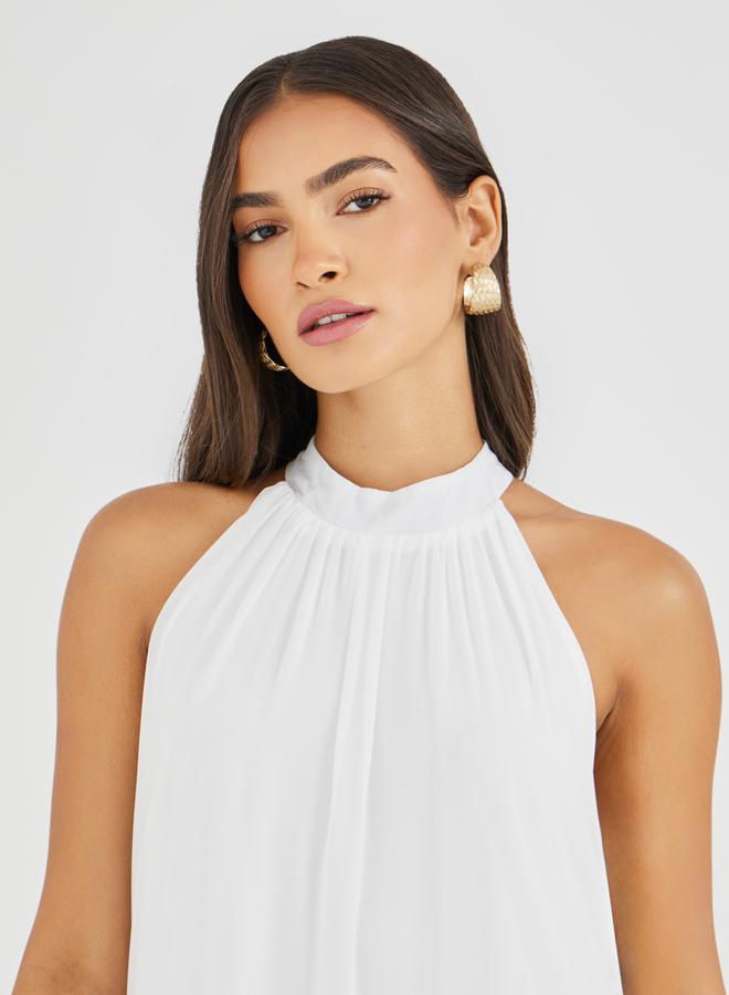 Styli Solid Halter Neck Ruffled Tiered Maxi Dress - Image 4