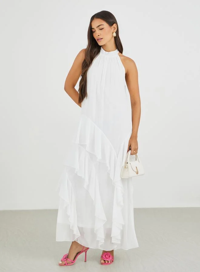 Styli Styli Solid Halter Neck Ruffled Tiered Maxi Dress