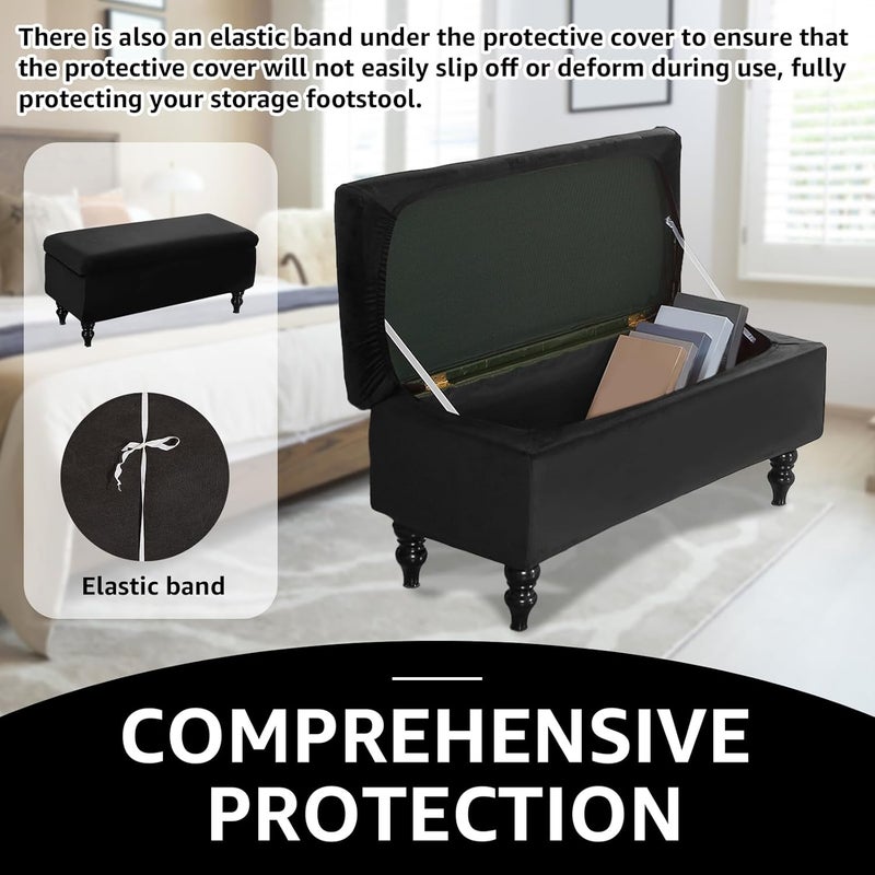windforgecraft Storage Ottoman Cover Stretch Rectangle Storage Bench Cover Velvet Storage Bench Cover Slipcover Folding Storage with Elastic Bands Footrest Stool Slipcover for Living Room (Black) - Image 4
