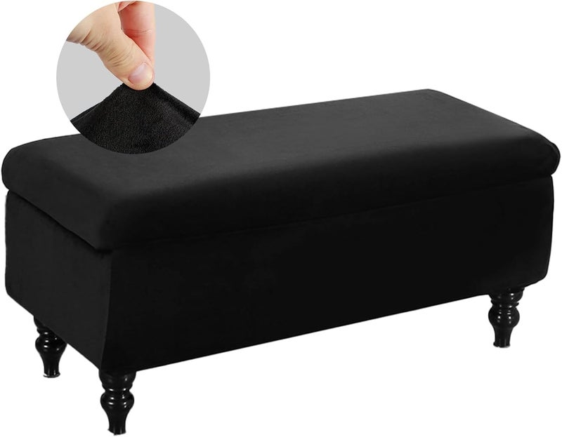 windforgecraft Storage Ottoman Cover Stretch Rectangle Storage Bench Cover Velvet Storage Bench Cover Slipcover Folding Storage with Elastic Bands Footrest Stool Slipcover for Living Room (Black) - Image 1