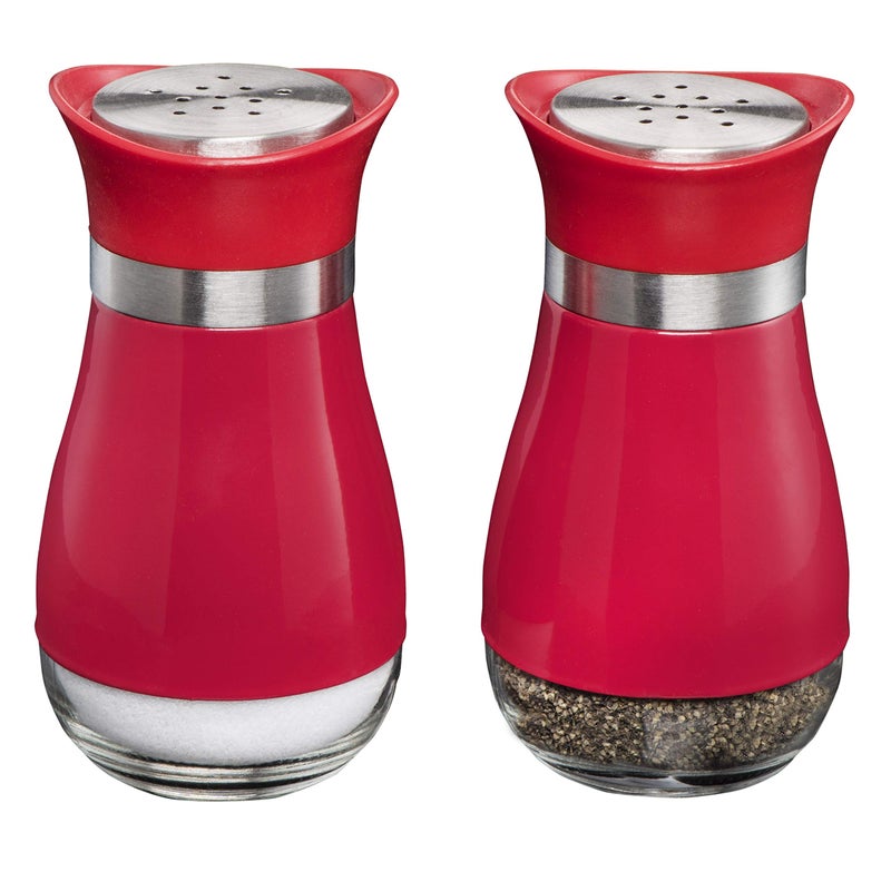MITBAK Salt and Pepper Shakers 2Pc Set Elegant wClear Glass Bottom  Compact Cooking Kitchen and Dining Room Use  Classic Refillable Design Red