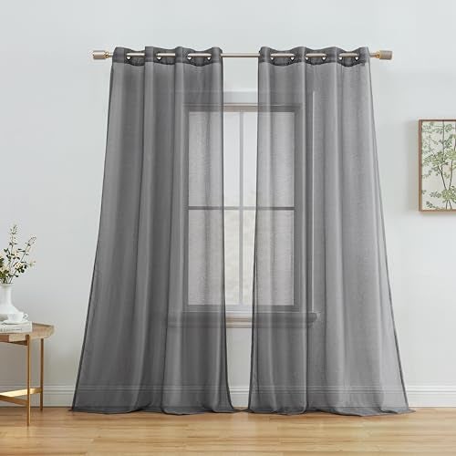 HLCME 2 Piece Semi Sheer Voile Window Curtain Drapes Grommet Panels for Bedroom Living Room  Kids Room 54 W x 63 L Charcoal Grey