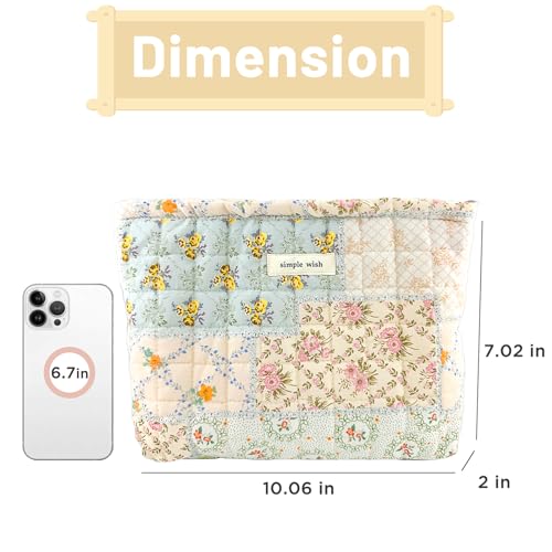 Sminra Floral Makeup Bag Pouch - Large Capacity Quilted Cosmetic Organizer for Travel Daily, Aesthetic Cottagecore Cotton Toiletry Purses with Zipper, Portable Gift for Women (Blue Floral-L) - Image 3
