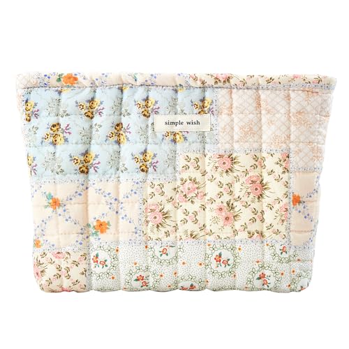 Sminra Floral Makeup Bag Pouch - Large Capacity Quilted Cosmetic Organizer for Travel Daily, Aesthetic Cottagecore Cotton Toiletry Purses with Zipper, Portable Gift for Women (Blue Floral-L) - Image 1