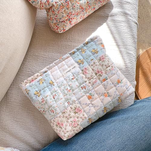Sminra Floral Makeup Bag Pouch - Large Capacity Quilted Cosmetic Organizer for Travel Daily, Aesthetic Cottagecore Cotton Toiletry Purses with Zipper, Portable Gift for Women (Blue Floral-L) - Image 2