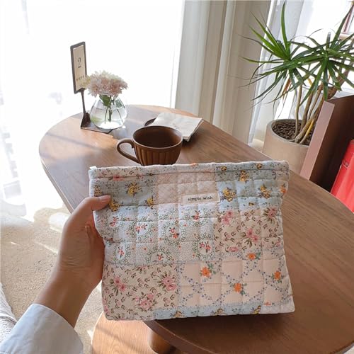 Sminra Floral Makeup Bag Pouch - Large Capacity Quilted Cosmetic Organizer for Travel Daily, Aesthetic Cottagecore Cotton Toiletry Purses with Zipper, Portable Gift for Women (Blue Floral-L) - Image 5