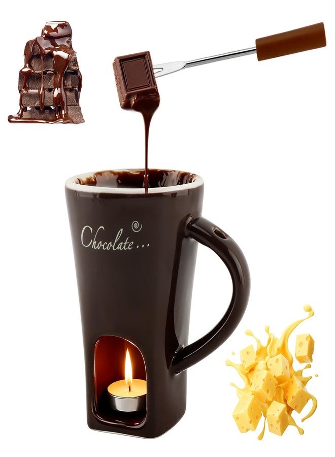 WeiLingBo Chocolate Fondue Cup,Chocolate Fondue Mug with Fork and Candle,Ceramic Chocolate Melting Cup for Birthday Date Night Birthday Wedding Gifts (11.5 * 5.5 * 8.5cm,COLOR:Black) - Image 1