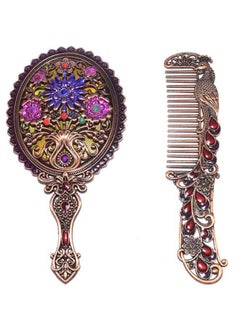 immatgar immatgar pharaonic Peafowl makeup pocket mirror with comb ancient Egyptian souvenirs gifts for women and mother from Egypt (Flower2 - Burnt Red - 13.5 CM Tall) 