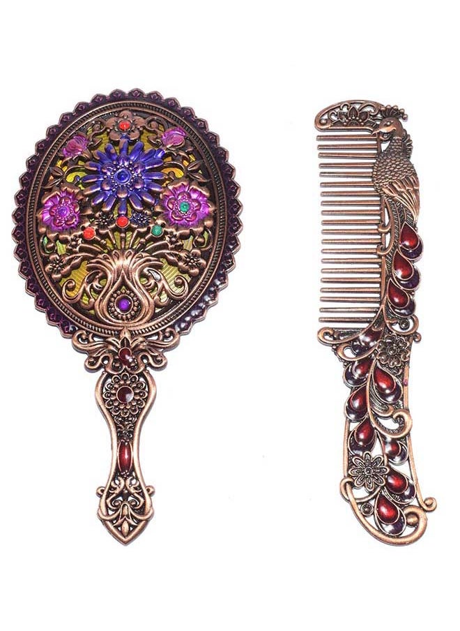 immatgar immatgar pharaonic Peafowl makeup pocket mirror with comb ancient Egyptian souvenirs gifts for women and mother from Egypt (Flower2 - Burnt Red - 13.5 CM Tall) 