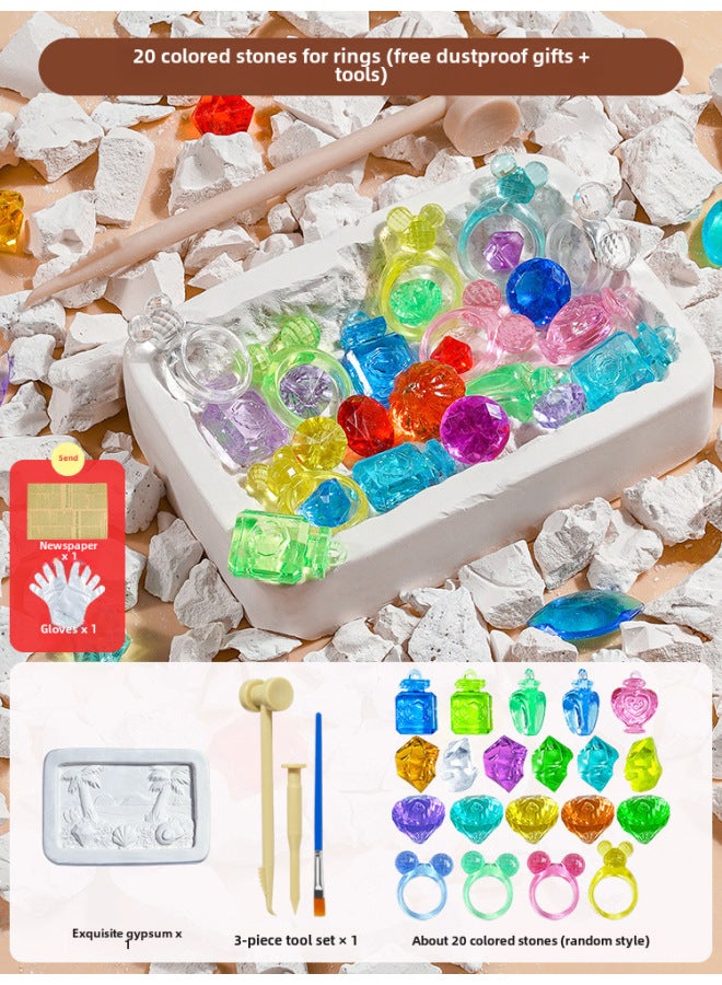 Dinosaur Fossil Archaeological Digging Toys Gypsum Gem Digging Luminous Mining Treasure Hunting Blind Box Set Wholesale-Color:Ring Jewelry Gems (Newspaper + Gloves + Tools)  - Image 1