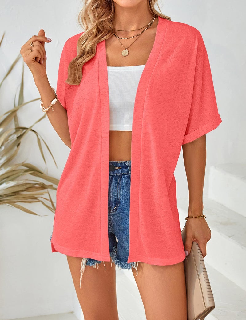MEROKEETY Womens 2025 Summer Lightweight Cardigan Short Sleeve Open Front Casual Loose Cover Ups,Coral,L - Image 3