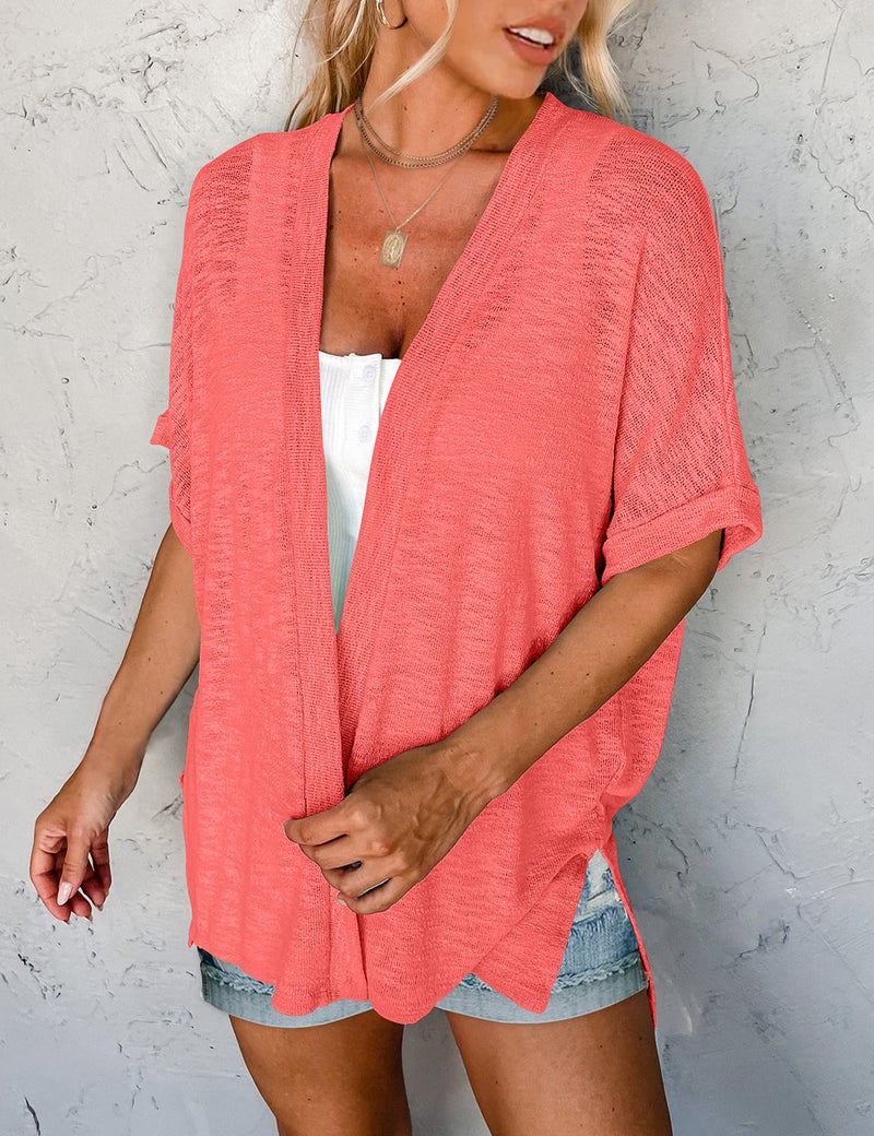 MEROKEETY Womens 2025 Summer Lightweight Cardigan Short Sleeve Open Front Casual Loose Cover Ups,Coral,L - Image 2