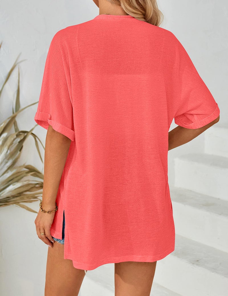MEROKEETY Womens 2025 Summer Lightweight Cardigan Short Sleeve Open Front Casual Loose Cover Ups,Coral,L - Image 4