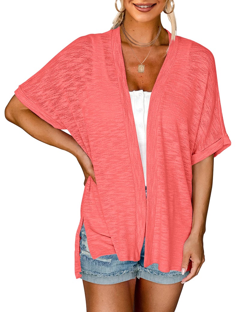 MEROKEETY Womens 2025 Summer Lightweight Cardigan Short Sleeve Open Front Casual Loose Cover Ups,Coral,L - Image 1