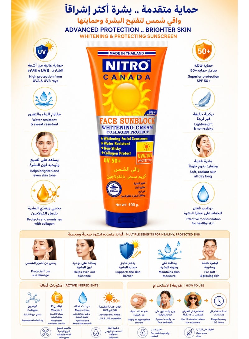 NITRO CANADA Face Sunblock SPF 50+ Collagen Protect UV Defense Cream, 100g - Image 2
