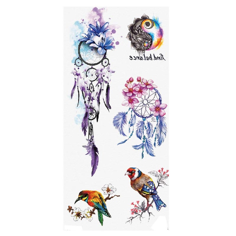 TAFLY Temporary Tattoo Bird and Purple Dreamcatcher Flower Tattoo Stickers Fake Tattoos for Girl Women 5 Sheets