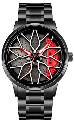 MASTOP Mens Wrist Watch Creative 3D Spinning Car Wheel Rotating Watches Rim Hub Design Fashion Quartz Stylish Wristwatch with Stainless Steel Strap Gifts for Car Enthusiasts V Red D - Image 1