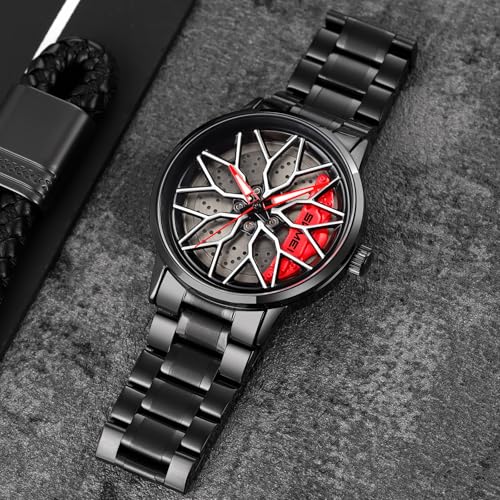 MASTOP Mens Wrist Watch Creative 3D Spinning Car Wheel Rotating Watches Rim Hub Design Fashion Quartz Stylish Wristwatch with Stainless Steel Strap Gifts for Car Enthusiasts V Red D - Image 3