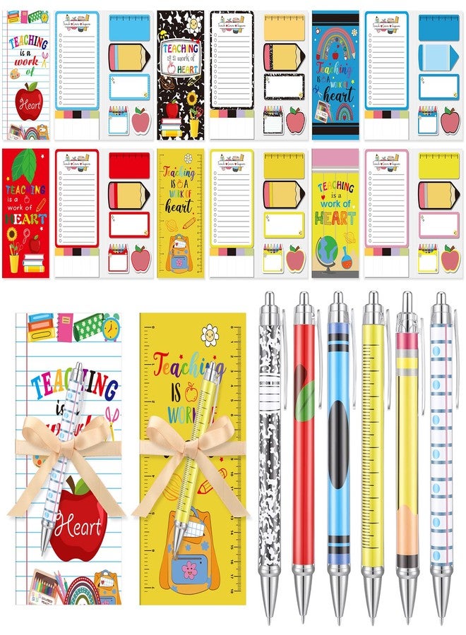 Epakh 6 Sets /36 Pcs Back to School Teacher Appreciation Gifts Bulk Classroom Sticky Note Pen Set with Bow Ribbon Apple Composition Crayon Pencil Rule Shape Self Stick Notes for Teacher Student - Image 1