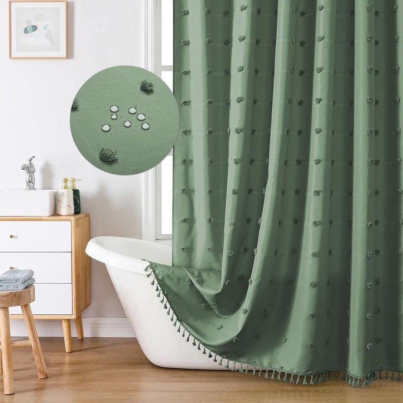 Bohemian Shower Curtain: Dark Green Wrinkled Texture Fabric - Retro Tassel Design Classic Shower Curtain for Bathroom Decor